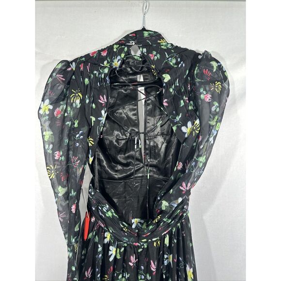 NWT $598 MAC DUGGAL [ 6 ] Chiffon Floral Hi Neck Puff Sleeve‎ Gown Black - Picture 14 of 16